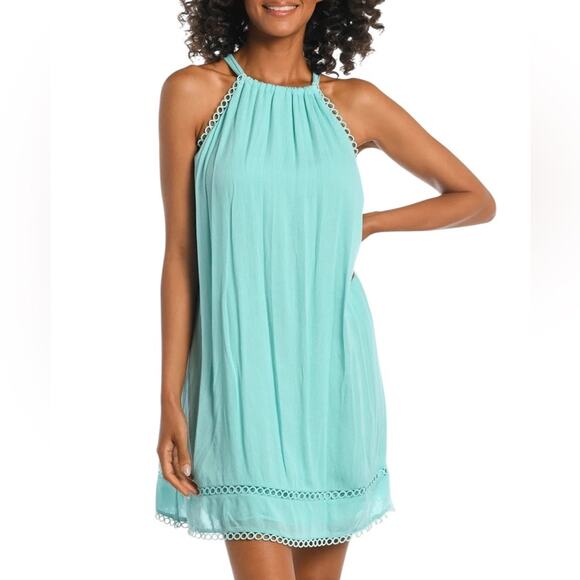 NWOT La Blanca Illusion Covers High Neck Dress in Ice Blue – Sz L - Picture 1 of 8